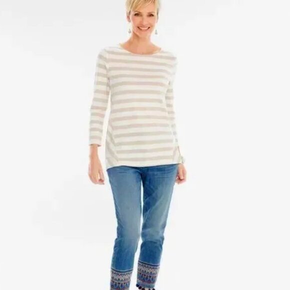 Chico's metallic gold & cream striped knit top, size 2 (like a 12) festive (NWT) - Picture 1 of 12